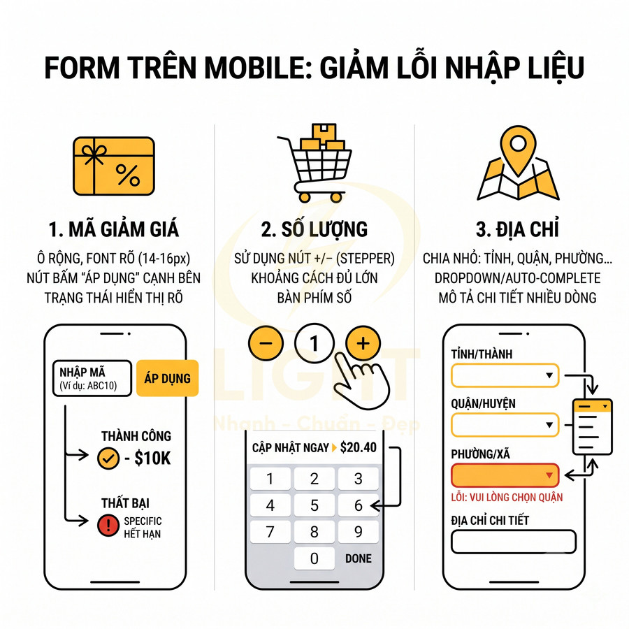 Hướng dẫn thiết kế form mobile giảm lỗi nhập liệu với mã giảm giá, chọn số lượng và nhập địa chỉ chi tiết
