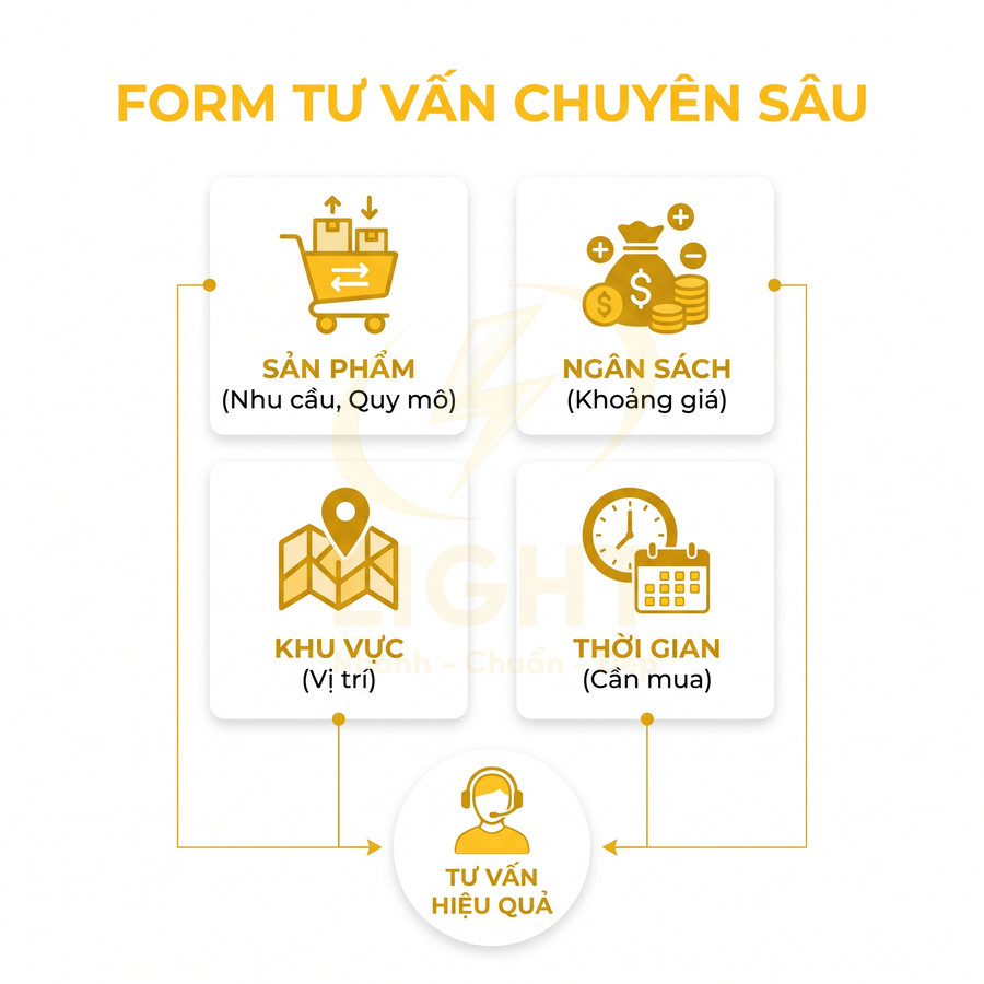Form tư vấn chuyên sâu với các mục sản phẩm, ngân sách, khu vực, thời gian để hỗ trợ tư vấn hiệu quả
