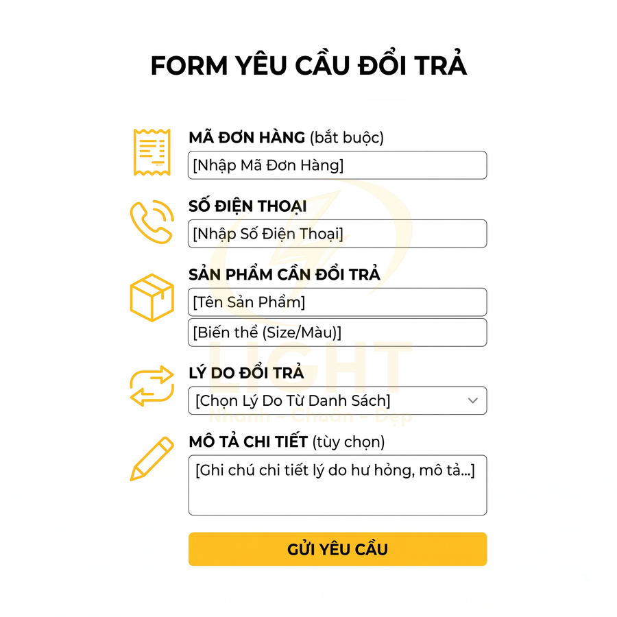 Form yêu cầu đổi trả sản phẩm với các trường mã đơn hàng, số điện thoại, lý do và nút gửi yêu cầu