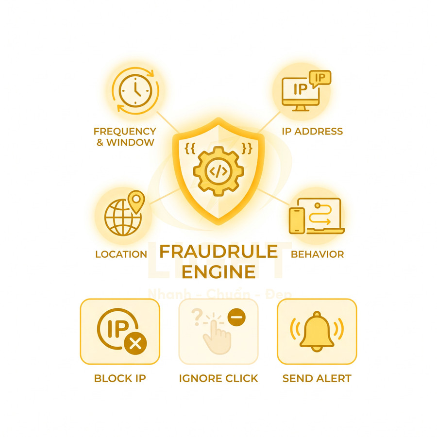 Minh họa hệ thống Fraudrule Engine chống gian lận quảng cáo với phân tích IP, hành vi, vị trí và chặn click bất thường