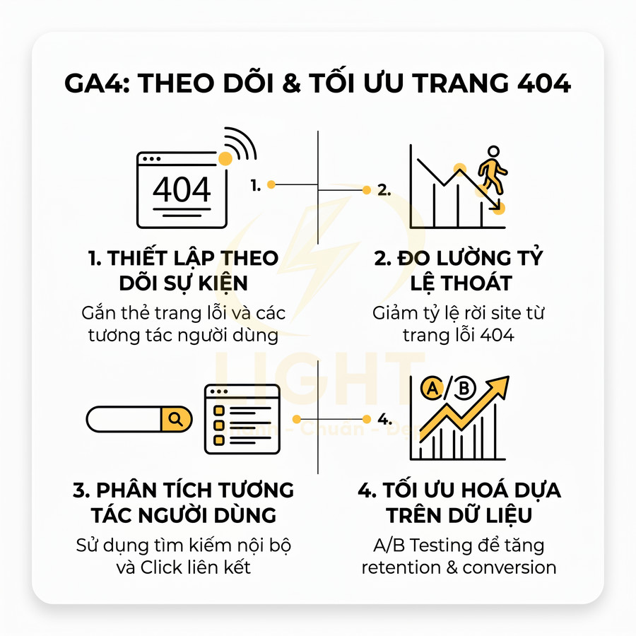 Hướng dẫn GA4 theo dõi và tối ưu trang 404 với 4 bước phân tích sự kiện, tỷ lệ thoát, tương tác và A/B testing