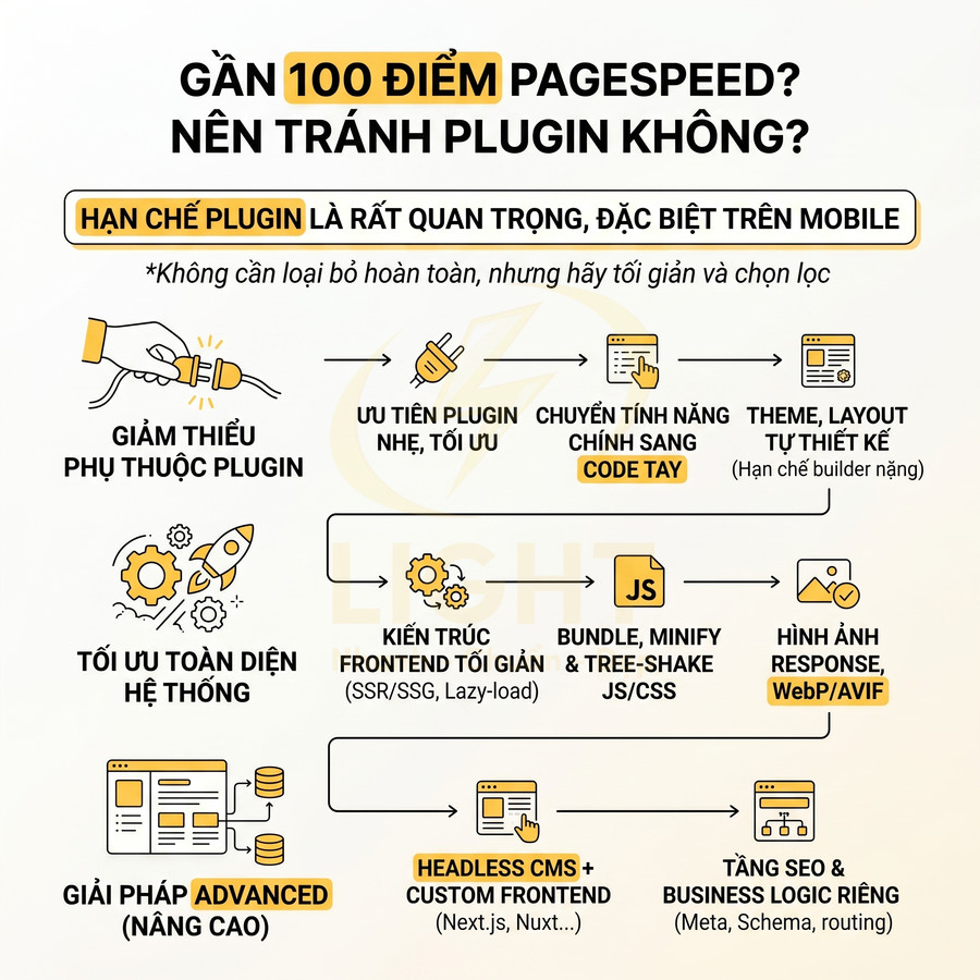 Hướng dẫn tối ưu PageSpeed gần 100 điểm bằng cách hạn chế plugin, tối ưu frontend, hình ảnh và dùng headless CMS