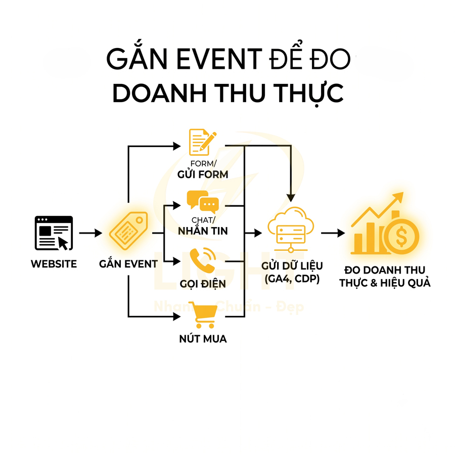 Sơ đồ gắn event trên website để gửi dữ liệu GA4 CDP và đo lường doanh thu thực hiệu quả