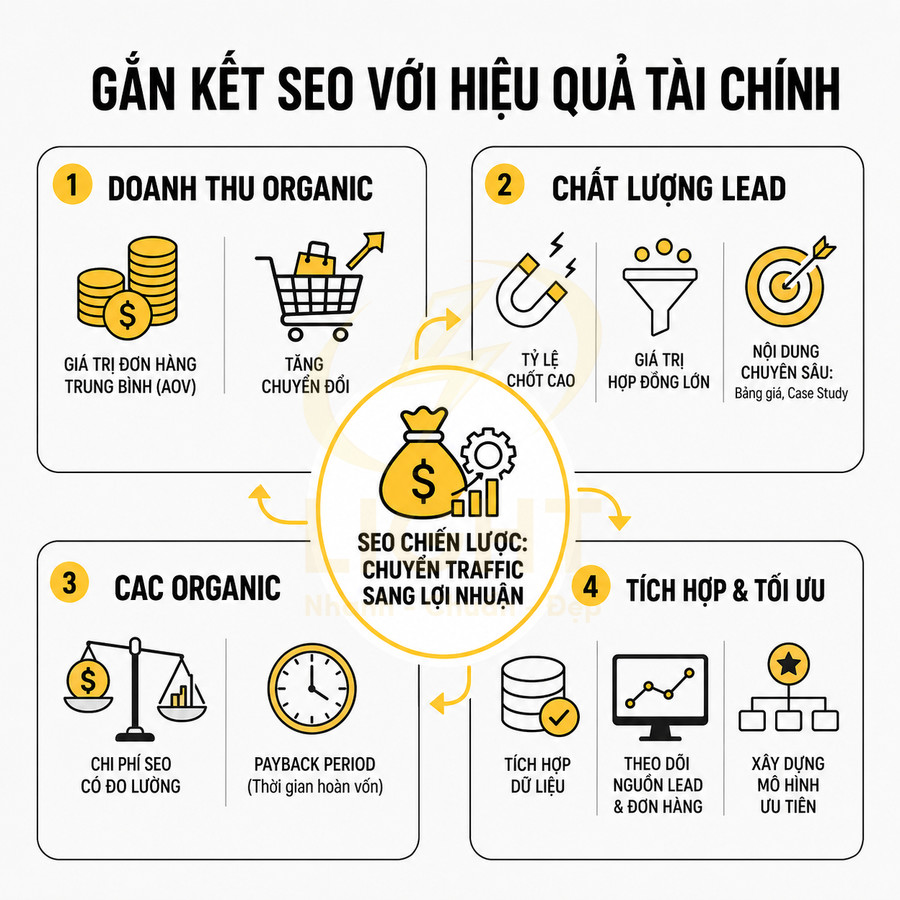 Mô hình quy trình SEO chiến lược chuyển traffic thành lợi nhuận gắn với doanh thu, lead, CAC và tối ưu dữ liệu