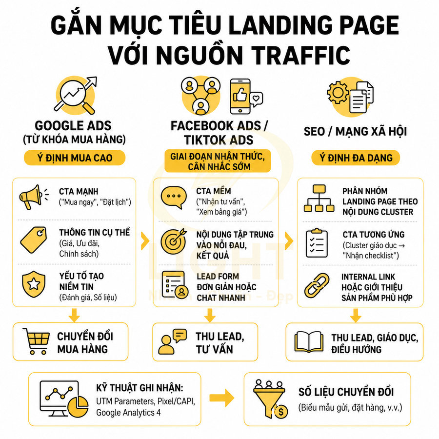 Infographic gắn mục tiêu landing page với nguồn traffic từ Google Ads, Facebook TikTok Ads và SEO mạng xã hội