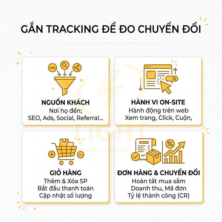 Infographic gắn tracking đo chuyển đổi với các bước nguồn khách, hành vi on site, giỏ hàng, đơn hàng và chuyển đổi