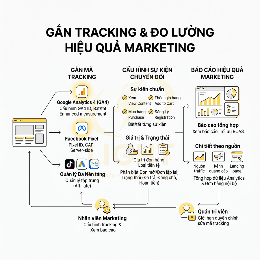 Sơ đồ gắn tracking đo lường hiệu quả marketing với Google Analytics 4, Facebook Pixel và đa nền tảng