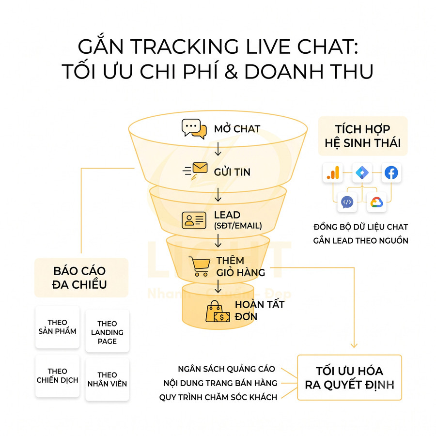 Sơ đồ phễu bán hàng gắn tracking live chat tối ưu chi phí doanh thu từ mở chat đến hoàn tất đơn