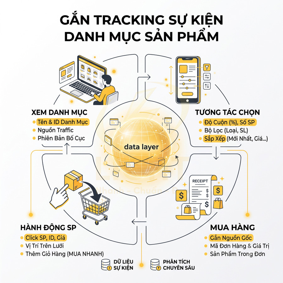 Sơ đồ gắn tracking sự kiện danh mục sản phẩm trong ecommerce với data layer và các bước xem, chọn, mua hàng