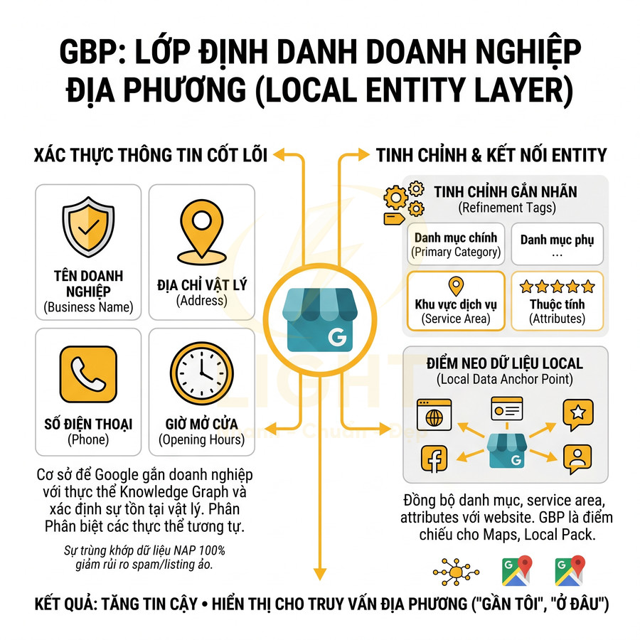 Infographic về Google Business Profile và lớp định danh doanh nghiệp địa phương, nêu các yếu tố NAP và tối ưu entity