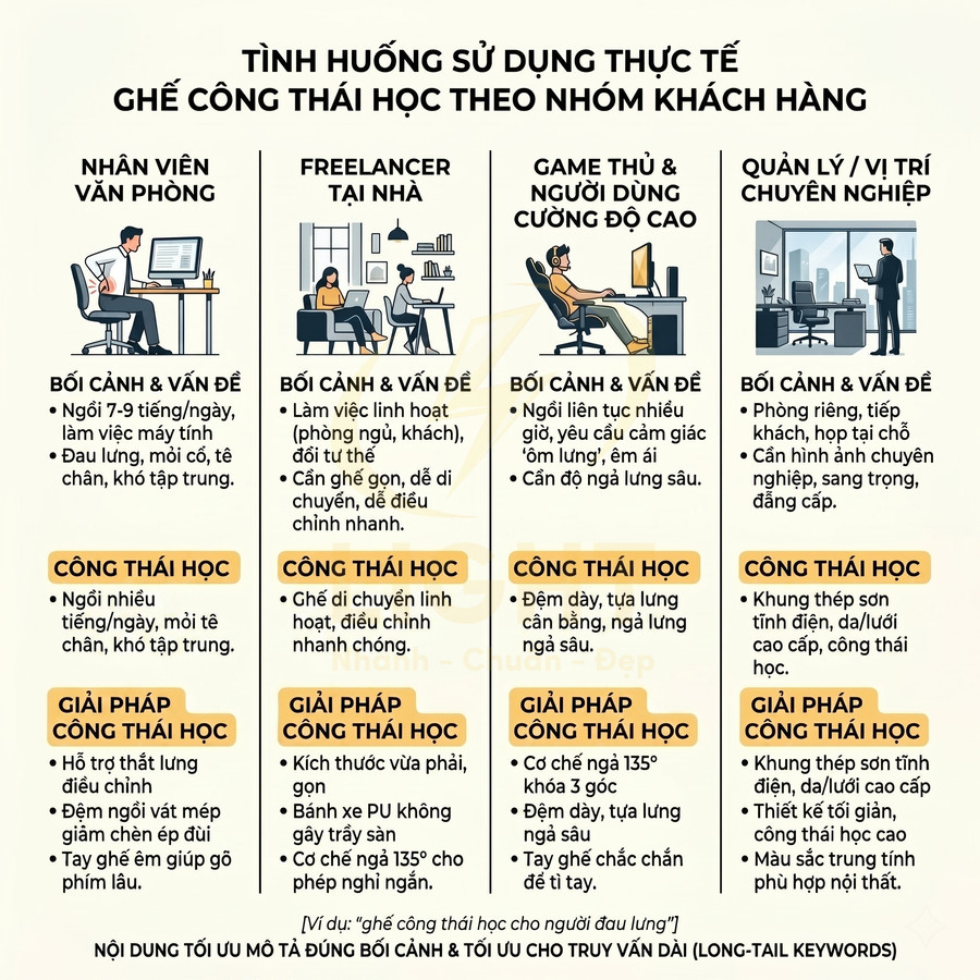 Infographic tình huống sử dụng ghế công thái học cho nhân viên văn phòng, freelancer, game thủ và quản lý chuyên nghiệp