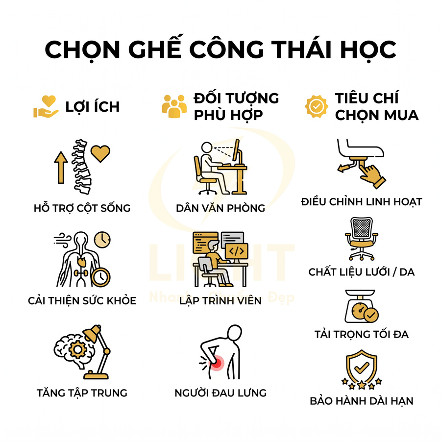 Infographic chọn ghế công thái học, nêu lợi ích, đối tượng phù hợp và tiêu chí chọn mua ghế ergonomic
