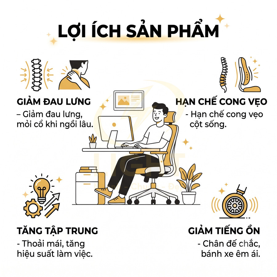 Ghế công thái học văn phòng giúp giảm đau lưng, hạn chế cong vẹo cột sống, tăng tập trung và giảm tiếng ồn khi làm việc