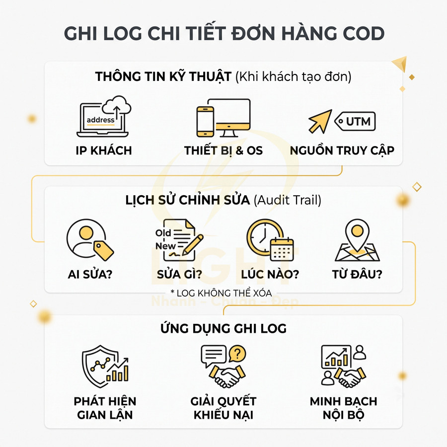 Mô tả tính năng ghi log chi tiết đơn hàng COD, lưu thông tin kỹ thuật, lịch sử chỉnh sửa và ứng dụng phát hiện gian lận