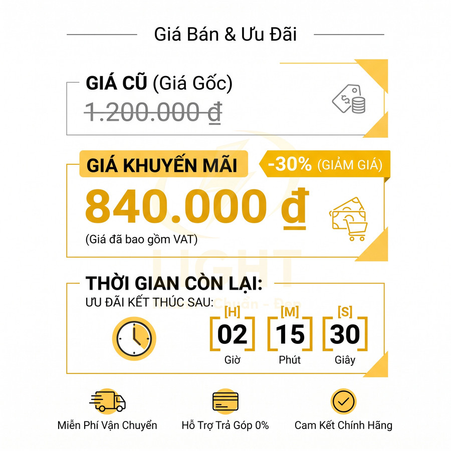 Banner khuyến mãi giảm giá 30 phần trăm còn 840000 đồng, hiển thị thời gian đếm ngược và ưu đãi vận chuyển, trả góp