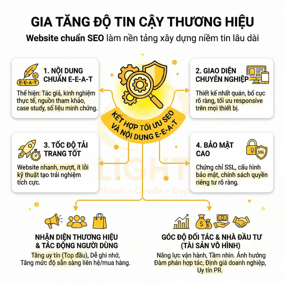 Infographic các yếu tố website chuẩn SEO giúp gia tăng độ tin cậy thương hiệu và tác động người dùng