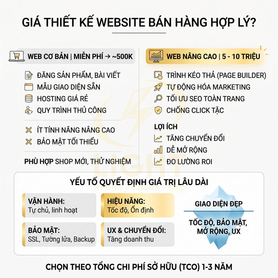 Bảng so sánh giá thiết kế website bán hàng cơ bản và web nâng cao cùng các yếu tố quyết định giá trị lâu dài