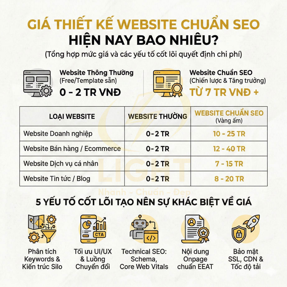 Bảng giá thiết kế website chuẩn SEO so sánh website thường và website chuẩn SEO theo từng loại website