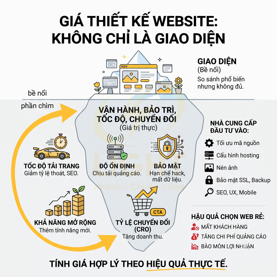 Infographic về các yếu tố ảnh hưởng đến giá thiết kế website như giao diện, tốc độ, bảo mật, chuyển đổi