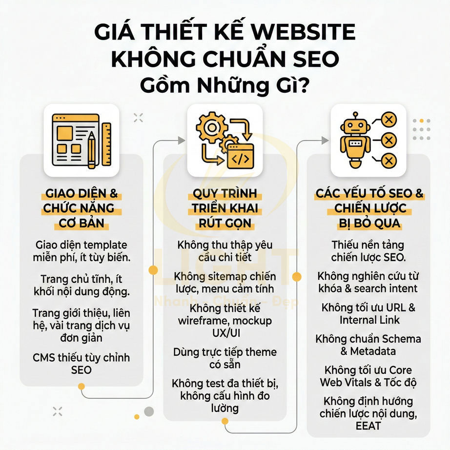 Infographic liệt kê các hạn chế của dịch vụ thiết kế website không chuẩn SEO và các yếu tố SEO bị bỏ qua