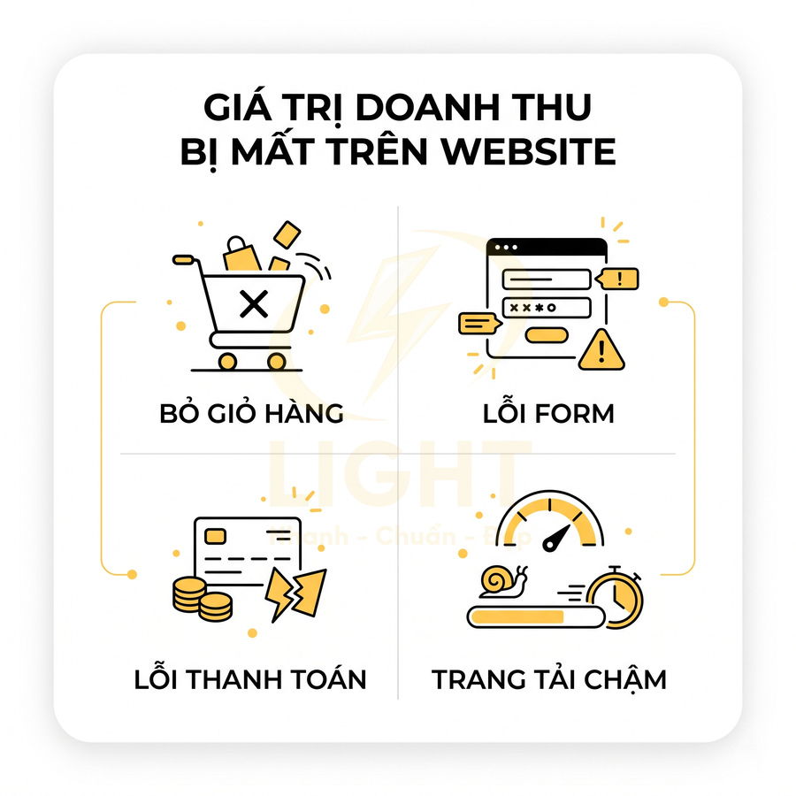 Minh họa các nguyên nhân làm mất doanh thu website gồm bỏ giỏ hàng, lỗi form, lỗi thanh toán, trang tải chậm