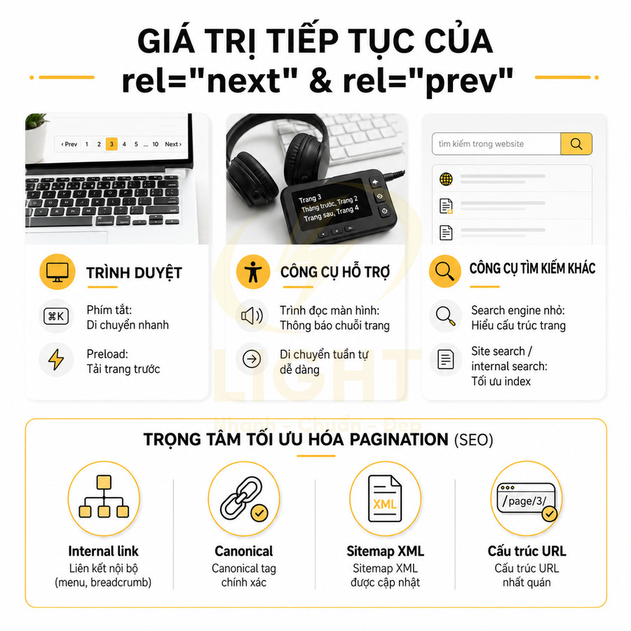 Infographic hướng dẫn tối ưu hóa SEO cho pagination với rel next rel prev và các yếu tố internal link canonical sitemap XML