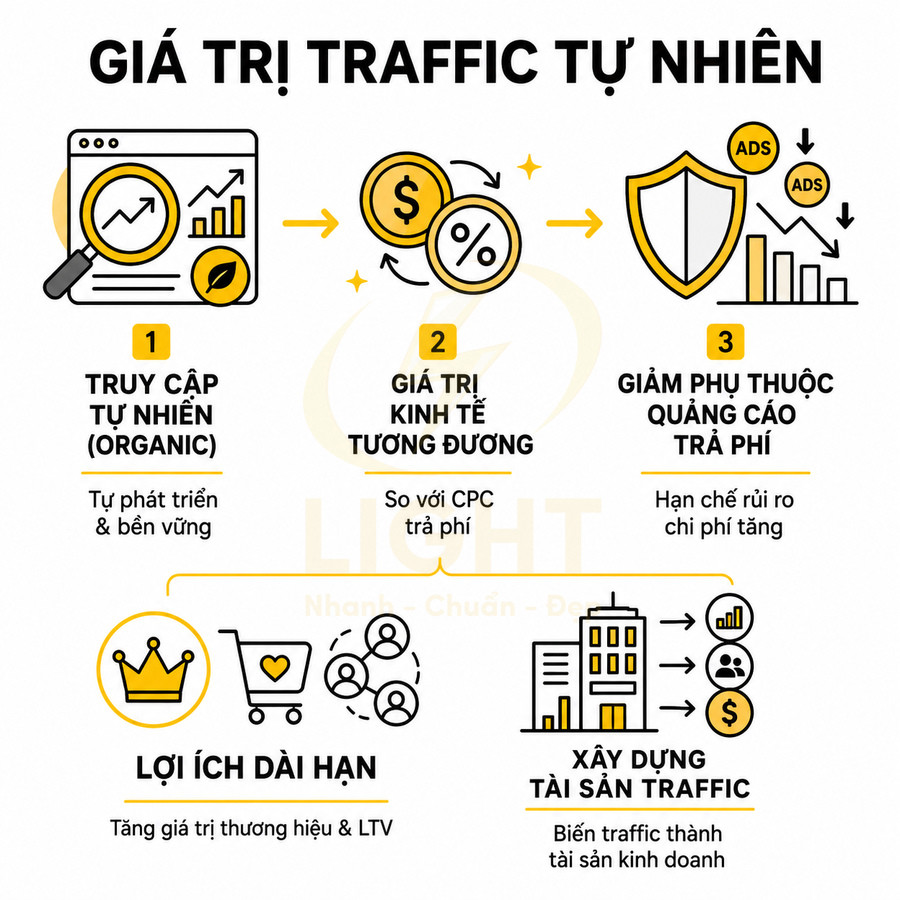 Giá trị traffic tự nhiên trong marketing với lợi ích truy cập organic, giảm phụ thuộc quảng cáo trả phí và xây dựng tài sản traffic