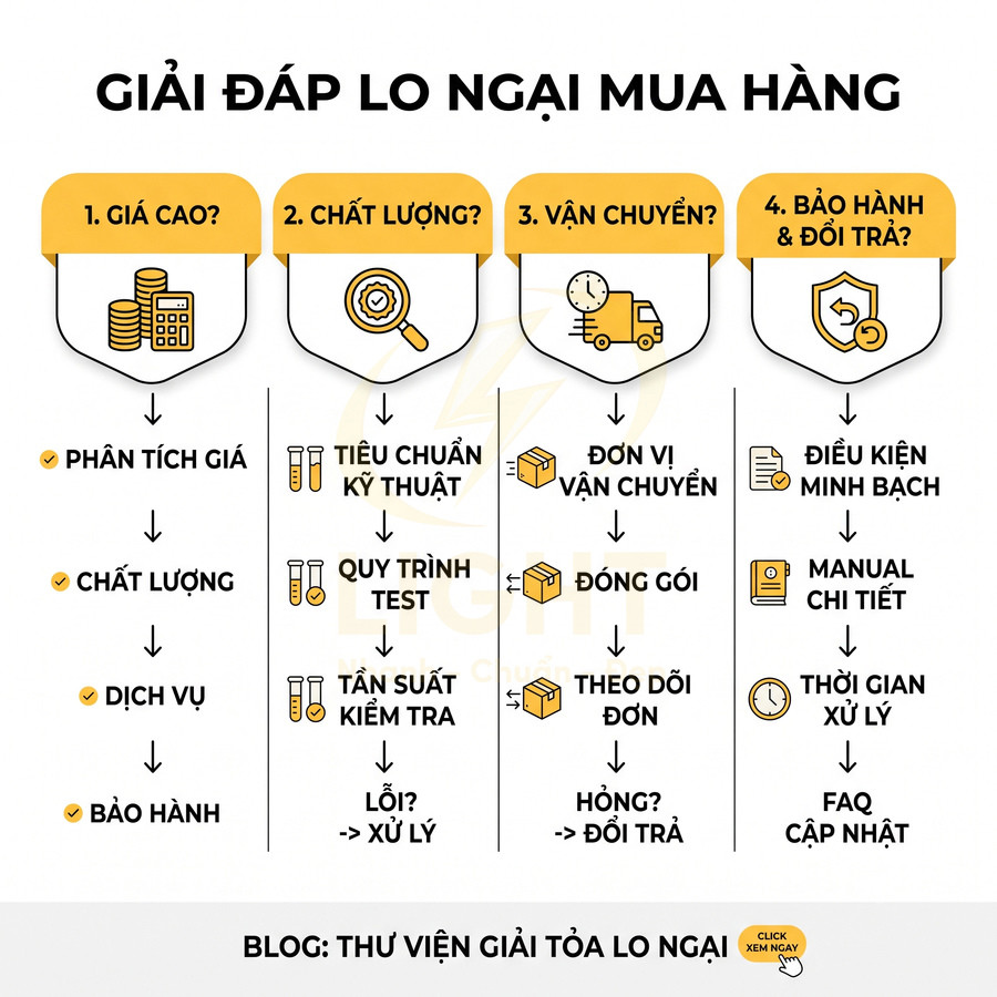 Infographic giải đáp lo ngại mua hàng về giá, chất lượng, vận chuyển, bảo hành và đổi trả cho khách online