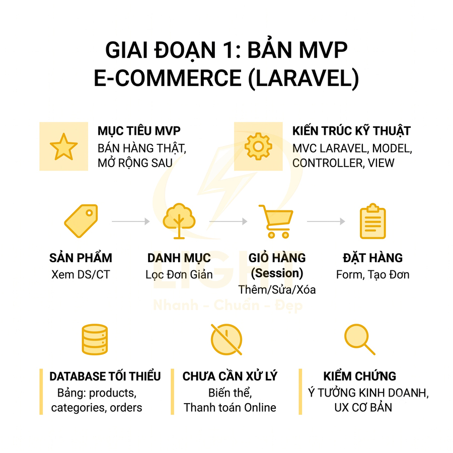 Sơ đồ tính năng bản MVP website e commerce Laravel với sản phẩm, danh mục, giỏ hàng, đặt hàng và database tối thiểu
