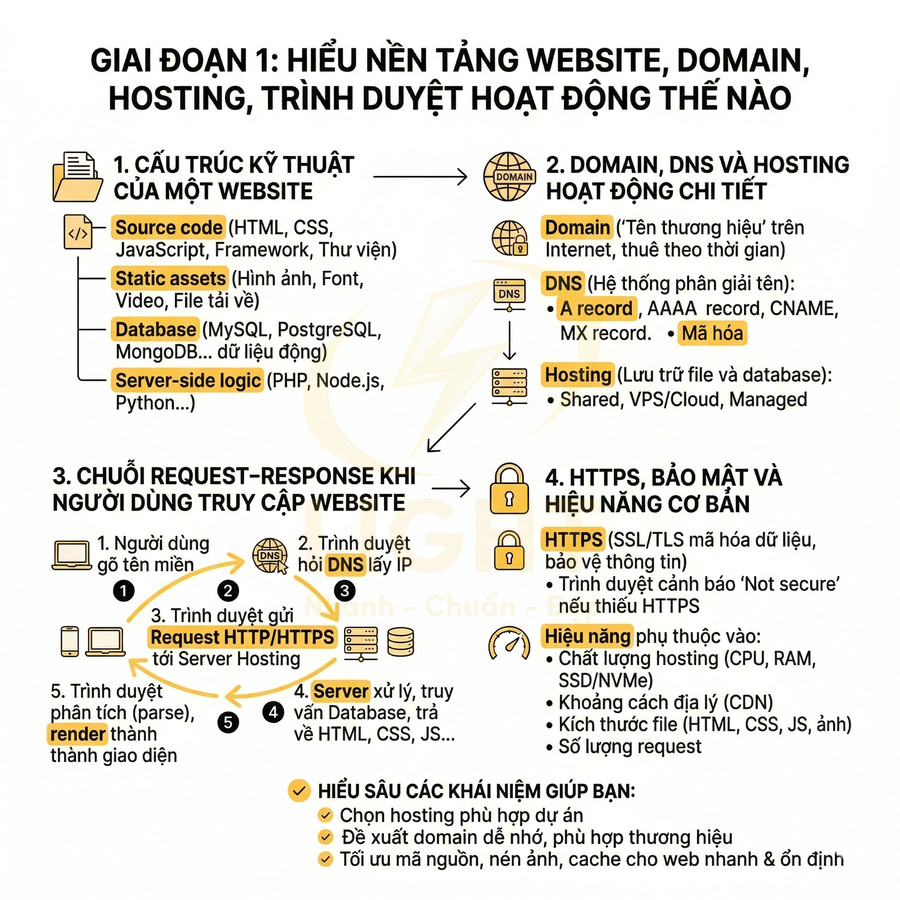 Infographic giải thích cấu trúc website, cách domain DNS hosting hoạt động và quy trình request response khi truy cập web