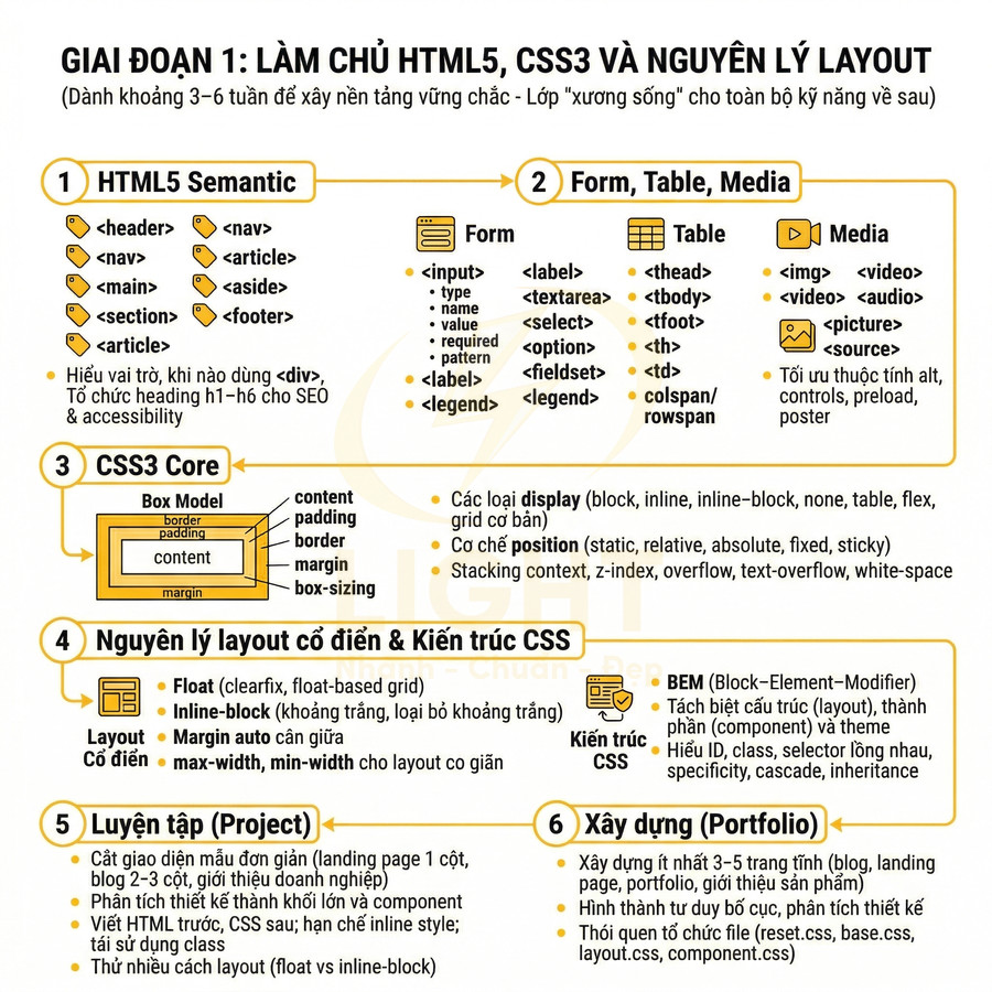 Lộ trình học giai đoạn 1 làm chủ HTML5, CSS3 và nguyên lý layout với các bước từ semantic đến xây dựng portfolio