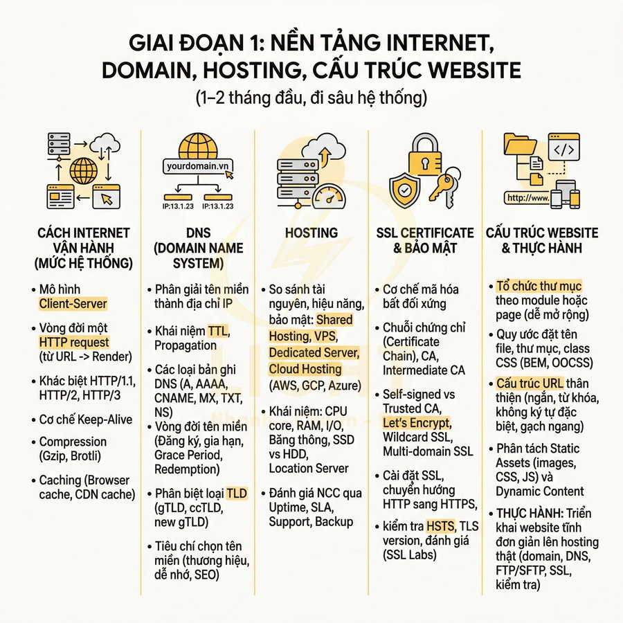 Sơ đồ kiến thức nền tảng internet, domain, hosting, SSL và cấu trúc website cho người mới học lập trình web