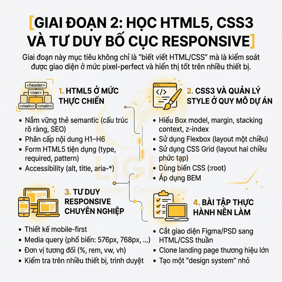 Nội dung khóa học HTML5, CSS3 và tư duy bố cục responsive với các bước học và bài tập thực hành