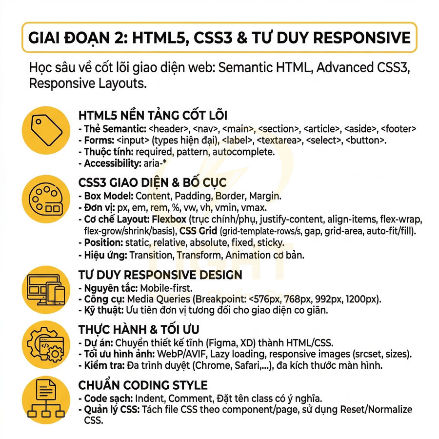 Nội dung khóa học HTML5 CSS3 và tư duy responsive với các mục HTML5 nền tảng, CSS3 bố cục, thực hành và chuẩn coding style