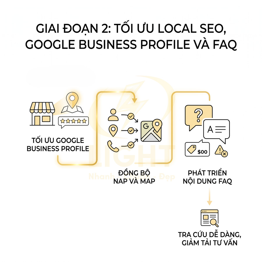 Quy trình tối ưu Local SEO với Google Business Profile, đồng bộ NAP và map, phát triển nội dung FAQ hỗ trợ tra cứu