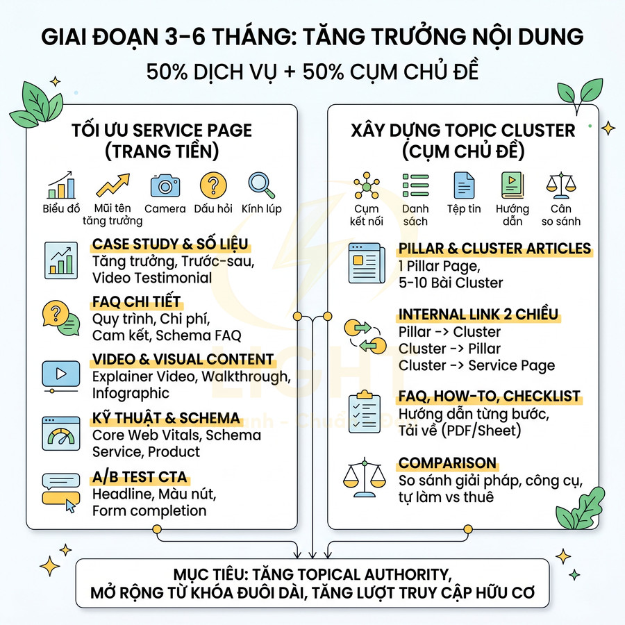 Chiến lược SEO giai đoạn 3 đến 6 tháng với tối ưu service page và xây dựng topic cluster tăng trưởng nội dung