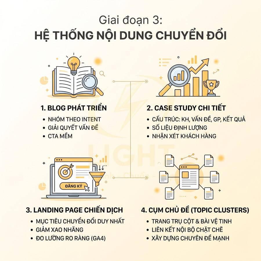 Giai đoạn 3 hệ thống nội dung chuyển đổi với blog, case study, landing page và cụm chủ đề trong chiến lược marketing