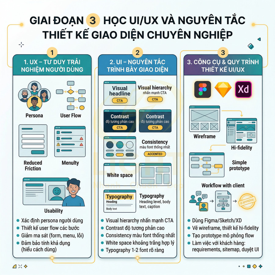 Infographic giai đoạn 3 học UI UX và nguyên tắc thiết kế giao diện chuyên nghiệp bằng tiếng Việt