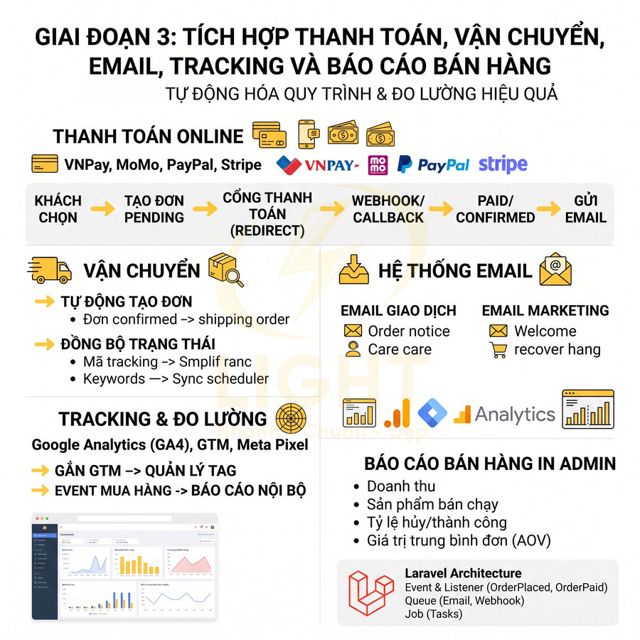 Sơ đồ tích hợp thanh toán online, vận chuyển, email marketing, tracking và báo cáo bán hàng cho website thương mại điện tử