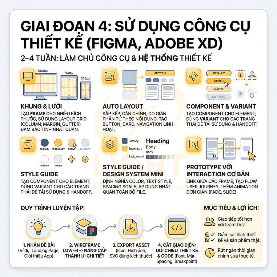 Lộ trình học giai đoạn 4 sử dụng công cụ thiết kế Figma Adobe XD với khung lưới auto layout component prototype