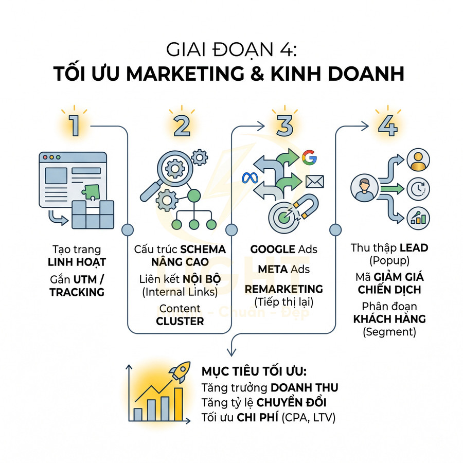 Sơ đồ giai đoạn 4 tối ưu marketing và kinh doanh với các bước UTM, schema, Google Meta Ads, remarketing và thu thập lead