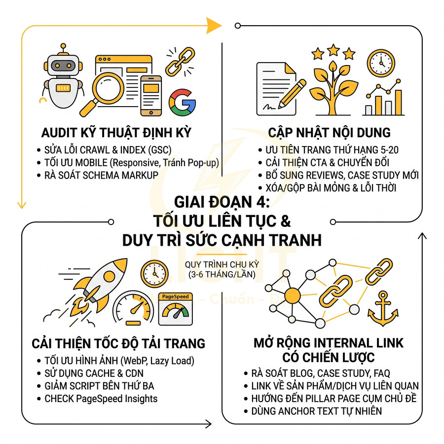 Quy trình tối ưu SEO giai đoạn 4 với audit kỹ thuật, cập nhật nội dung, tăng tốc độ tải trang và mở rộng internal link
