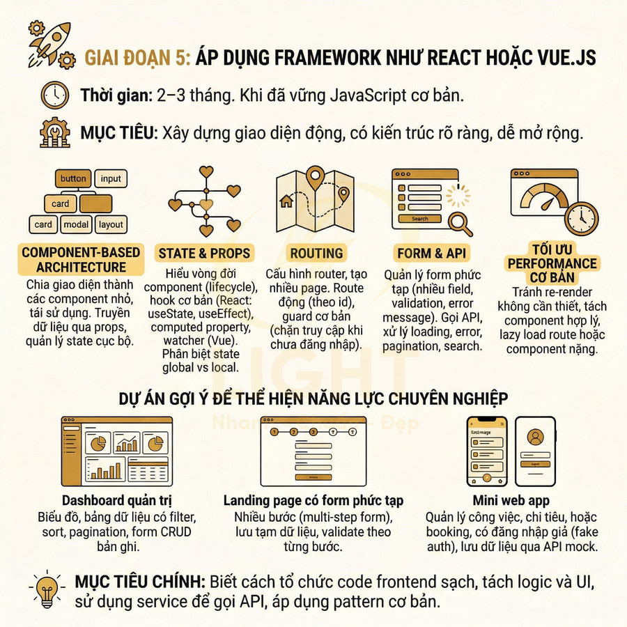Infographic lộ trình học frontend giai đoạn 5 áp dụng framework React hoặc Vue.js với mục tiêu và kỹ năng chính