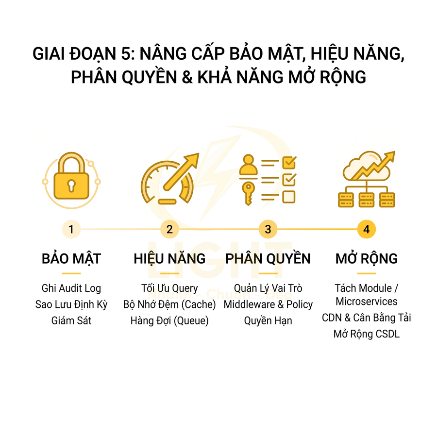Sơ đồ giai đoạn 5 nâng cấp hệ thống phần mềm về bảo mật, hiệu năng, phân quyền và khả năng mở rộng