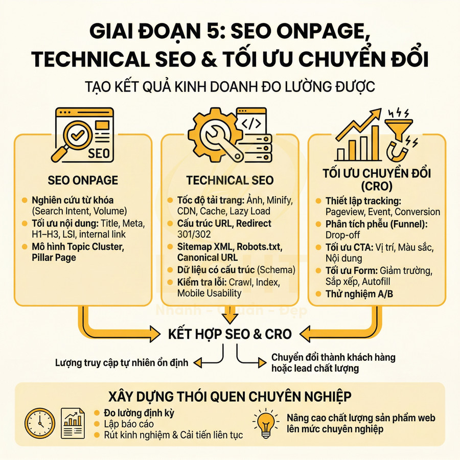 Infographic quy trình SEO onpage, technical SEO và tối ưu chuyển đổi CRO với các bước và mục tiêu chi tiết