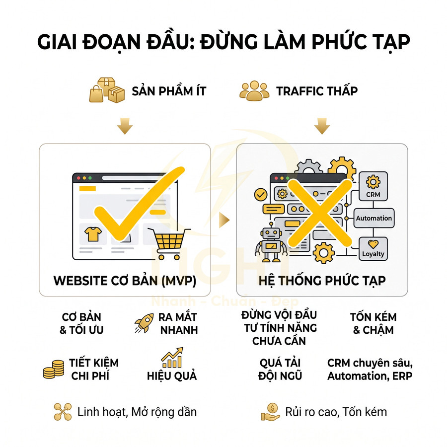 So sánh website cơ bản MVP và hệ thống phức tạp, khuyến nghị dùng website đơn giản giai đoạn đầu