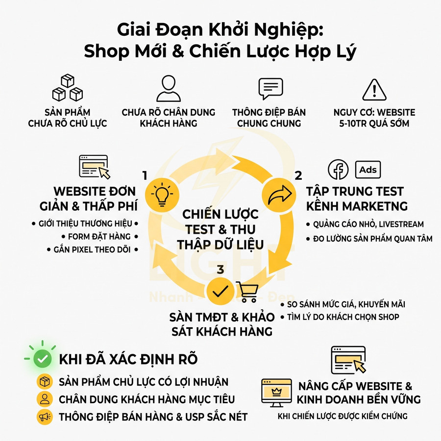 Infographic chiến lược khởi nghiệp cho shop mới với các bước test dữ liệu, kênh marketing và nâng cấp website
