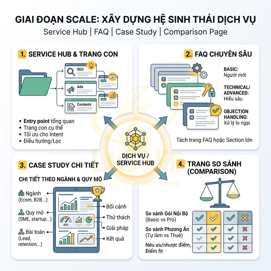 Mô hình xây dựng hệ sinh thái dịch vụ với service hub, FAQ, case study chi tiết và trang so sánh