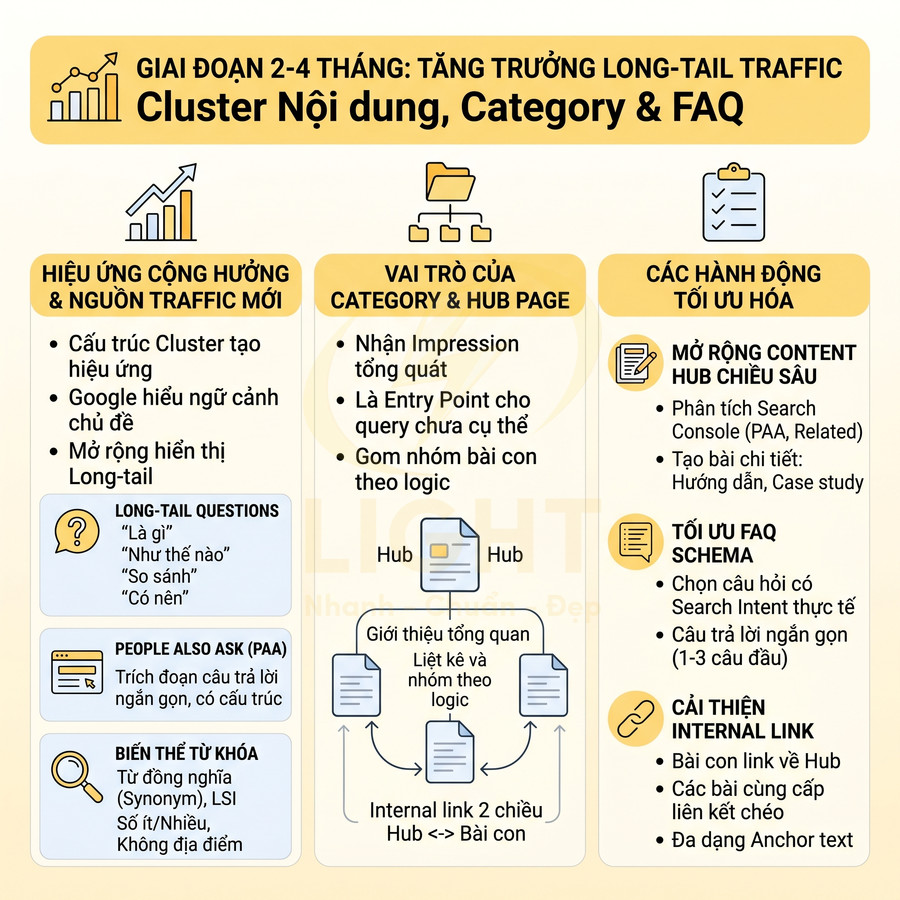 Chiến lược SEO tăng trưởng long tail traffic với cluster nội dung, category, FAQ và tối ưu internal link