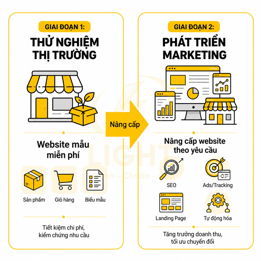 Quy trình nâng cấp website từ mẫu miễn phí thử nghiệm thị trường đến phát triển marketing và tối ưu chuyển đổi